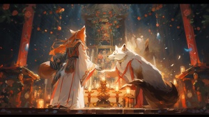 画家与狐仙在古老的祭坛前进行仪式，解除诅咒