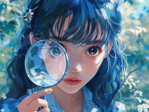 High-quality full-body image, 8K ultra-high definition, high details, masterpiece, anime-style digital illustrations, soft anime tones, two-dimensional style, sports style, modern, Miyazaki Studio style, sparkling eyes, extremely detailed The picture is a fascinating painting style. It shows an 8-year-old Asian girl who is full of curiosity and a little arrogant. She has long dark blue curly hair, bangs on her forehead, dark brown eyes, and light skin. The girl is holding a magnifying glass to check the por