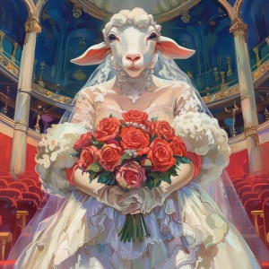 一只羊穿着超级好看的婚纱，裙摆很大，手捧着一束玫瑰花，拟人化站立，背景是动漫风格的礼堂，全景,柔光