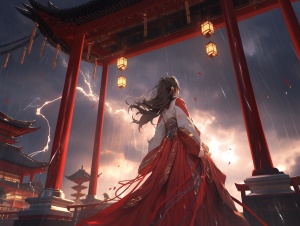 古代皇宫背景，一个身穿红色汉服的皇后，女子，天上打雷，闪电，高清