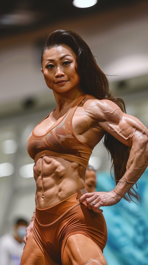 肌肉强壮的亚洲美女在健美大赛展示自己