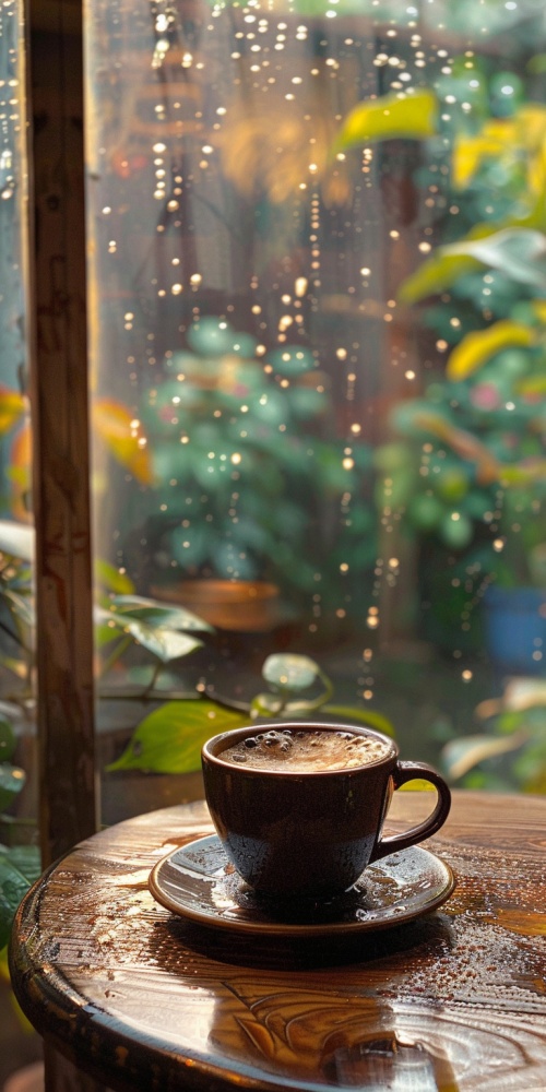 一个咖啡杯放在室内圆形茶桌上，通过室内玻璃窗可以看见外面的小雨，中景