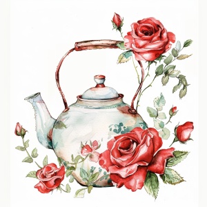 白底 红色玫瑰蔷薇水壶 手绘插画