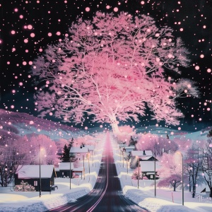 美丽雪景, 粉色的雪，有一条公路，公路两侧有许多矮房子，公路中间有一颗巨大的爱心形状的树，黑色背景 , 周围都被灯光照着, 粉白茫茫一片 雪 雪花, 雪景, 超多细节, 雪很厚, 有层次感