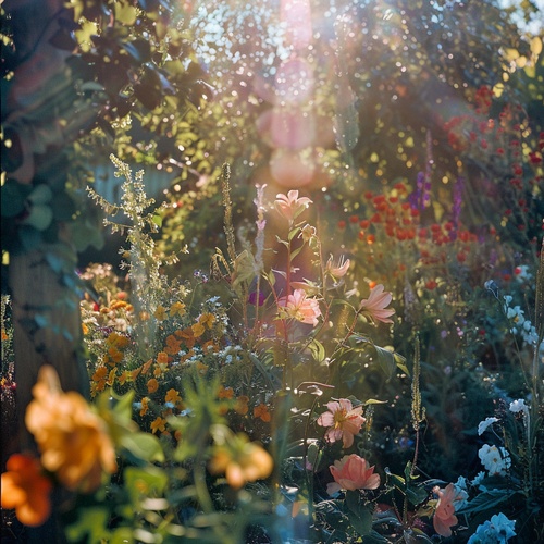 colorful blooms in a shady flower garden, in the style of rich tonal palette, delicate markings, sunrays shine upon it, beatrix potter, softly luminous, agfa vista, prairiecore ar 3:4 v6.0s 250