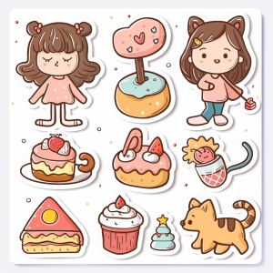 小女孩，蛋糕，饮料，小猫，小狗，大树