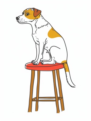 An ultra minimalist artwork featuring a single continuous thick outline depicting [Cute jack russel terrier cartoon, Q comics, white background, dog sitting on a stool, expression melancholy