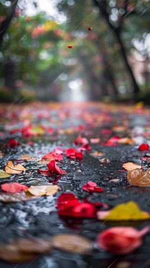 一场突如其来的风雨过后，花叶飘落满地。,全景,广角镜头,背景虚化,特写,自然光,柔光，超高清画质