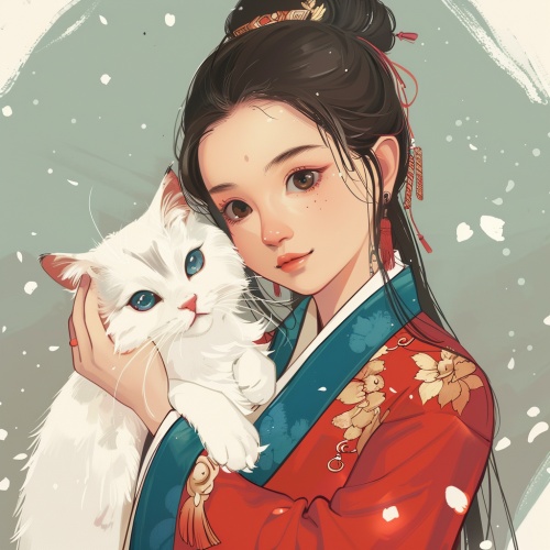 中国女孩，抱着白猫，漫画风格