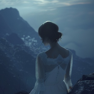 白衣女孩背对镜头，侧脸，深蓝色的山脉，三分构图，大场景，自然光，射线追踪，3D渲染，最佳品质，忧郁浪漫氛围感——niji 6