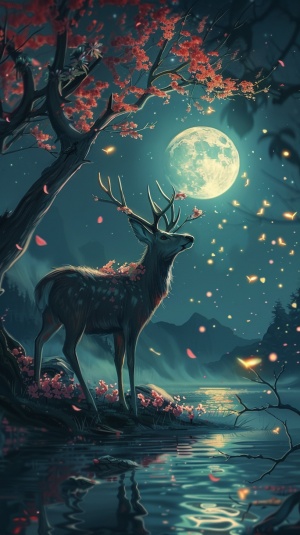 主视角一只鹿，旁边有树开花。有花盛开在鹿角上。昂首伫立在水潭旁边，天边有明月。周围空气中有萤火虫飞舞。