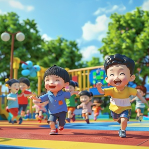 幼儿园玩耍场景描述词：阳光明媚的幼儿园操场，小光和小伙伴们欢快地奔跑嬉戏，脸上洋溢着笑容。