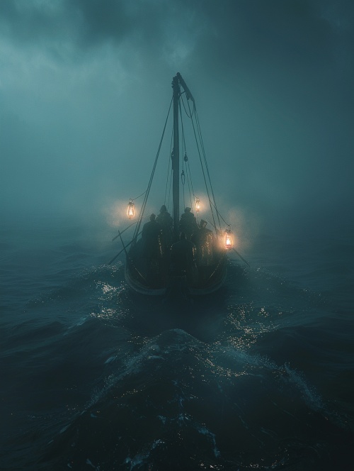 在一片深夜的大海上，没有光亮，雾气缭绕这一艘船。船上有四五个人，手提煤油灯，照向远处。