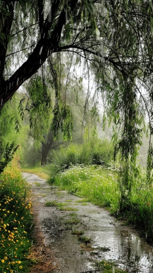 下雨天，一棵柳树，柳条垂下，旁边一条小路，路边开满了小花小草