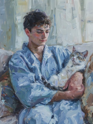 蓝色长袍男子怀猫坐沙发 油画印象派风格