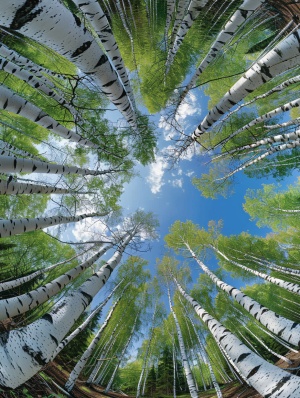 白桦树林，亭亭玉立，抬头仰望视角拍摄，360度全景拍摄，高清摄影
