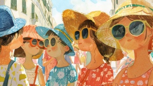 今天是一個炎熱的夏日，街上好多戴著帽子和太陽眼鏡的人。