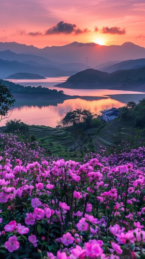 Dreamlike Sunset: Pink Roses, Green Hills, and Quiet Lakes