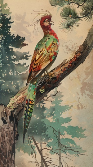 百灵鸟站在树枝上，羽毛闪烁着五彩的光芒，它展开歌喉，歌声传遍整个森林