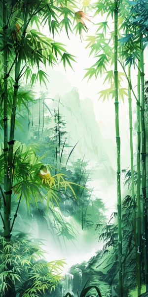 清晨 湿润的绿色竹林 晨雾弥漫 纤细竹叶 滴滴雨露 色彩生动 细腻纹理 自然之美 山间清新 惬意氛围