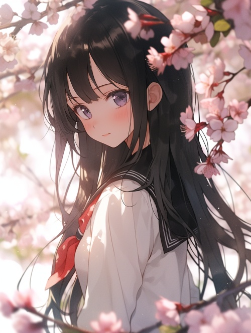 二次元，漂亮学姐，黑色的长头发，穿着水手服，在樱花树下，微笑着