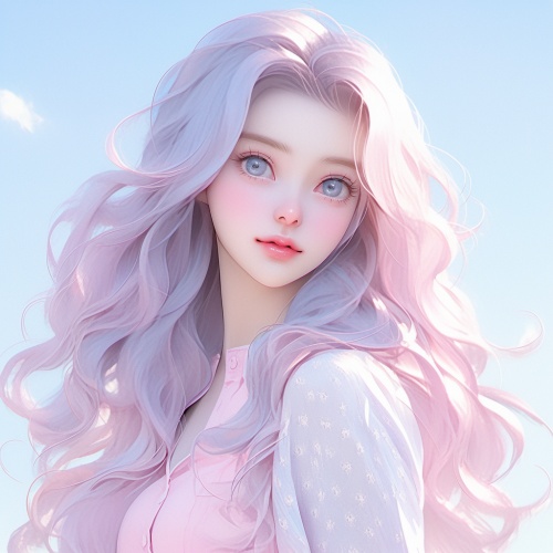 一个美丽的韩国女孩，浅紫色渐变的长头发，蓝色牛仔衬衣，背景是海洋蓝天白云，白皙的皮肤和大蓝眼睛，一张高品质、逼真的全身肖像，半身像特写，采用Hsiao Ron Cheng的风格，采用粉红色柔和的色彩和空灵的美学。
