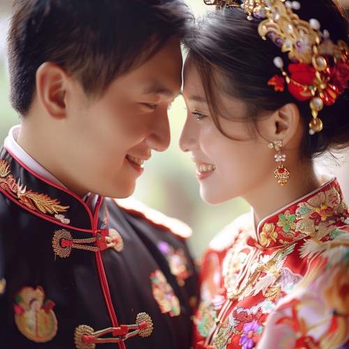 中国婚礼写真照，高清摄影，一男一女对视微笑