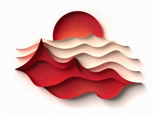 极简的，中国剪纸，关于沙漠，平面，单层，矢量剪影，沙漠，镂空，红色，无阴影，白色背景
