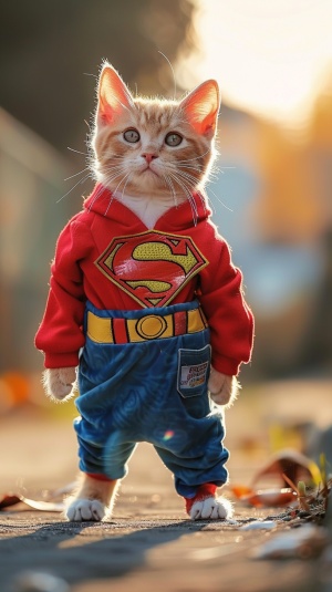 猫猫，穿着超人衣服，双脚站立，面向镜头，夏天，太阳，室外