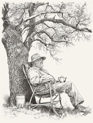一位老农悠闲地坐在树下的躺椅上，身旁放着一壶新沏的茶，尽情享受着这田园生活带来的宁静与惬意。整个画面充满了自然的气息和生活的韵味，远景，留白，线描画
