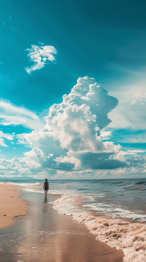 一半画面一个男人走在沙滩海边，画面一半蓝蓝天空白云