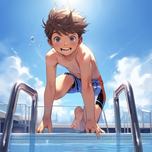 一个小男孩正在游泳池旁边锻炼做体操