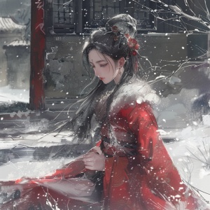 古代郊外，寒天雪地，天上飘着鹅毛大雪，一个穿着红色衣服的女孩，孤零零的跪在地上，身形很美，容貌绝美。皮肤晶莹剔透。她开始结冰了。桃花眼里透着绝望，双手沾着雪