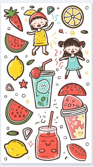一组清爽夏日贴纸，可爱的小女孩，柠檬，冰饮，西瓜
