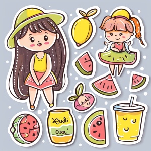 一组清爽夏日贴纸，可爱的长发刘海戴帽子的小女孩，柠檬，冰饮，西瓜