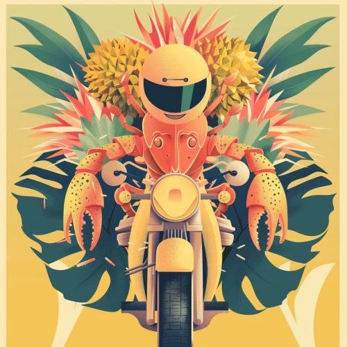 一只带着榴莲头盔的小龙虾人物骑着摩托车，正面