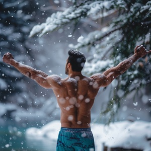 一个在雪地中赤膊，只穿着一条蓝色短裤的肌肉男人张开双臂,男人,黑发,短发,远眺,全身,特写,室外,冬天,白天,冰雪,全身镜头,中景镜头,后视图,仰视,真实的,真实感,摄影图片,商业摄影