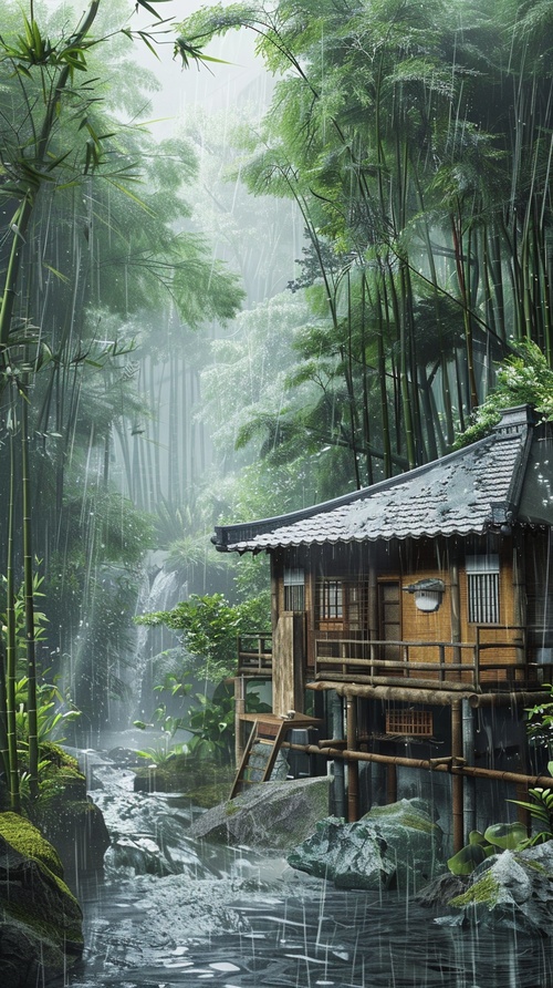 竹林中有一座木屋，前面是一条小河，下着雨