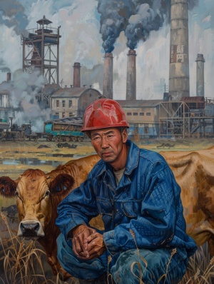 一个中国男人，戴红色安全帽，穿蓝色电工服，电工，一头牛，吃草，背景是工厂，陈旧的设备，烟囱，浓烟，细节精细，最佳质量，杰作