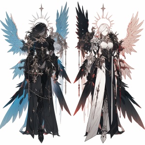 同一套铠甲，左半边是白色的圣洁的天使，右半边是黑色的邪恶的恶魔，两者合二为一，身后一黑一白两个翅膀