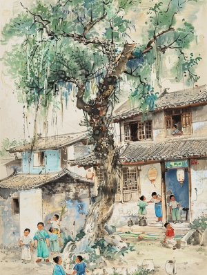 llustration, In the Siheyuan in northern China, children run and play games in front of their homes, and adults sit under a green tree and chat while making willow weaving, which is a happy atmosphere painted by Wu Guanzhong，full details