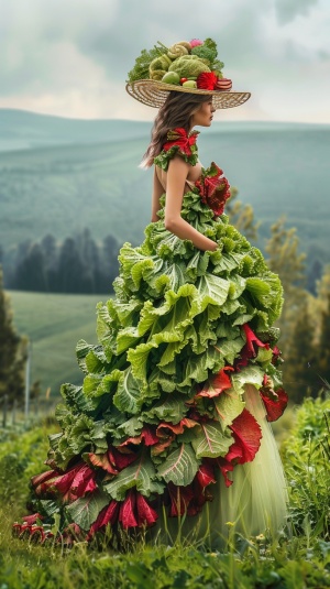 乡村田园，美女模特，蔬菜制作成的衣服，大廓形，
