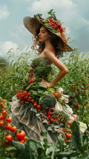 乡村田园美女模特展示大廓形蔬菜服装