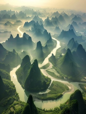 广西大山蜿蜒河流航拍视角丁达尔光照真实摄影