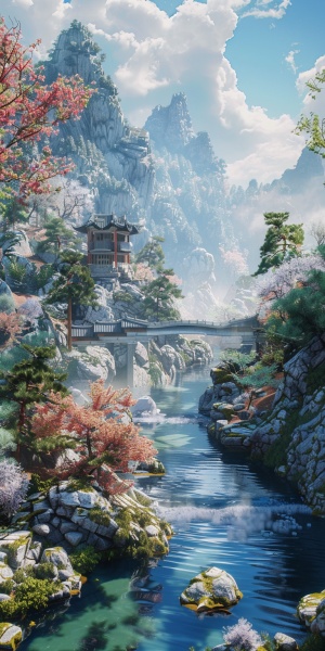 中国美女山间小溪流水风景如画