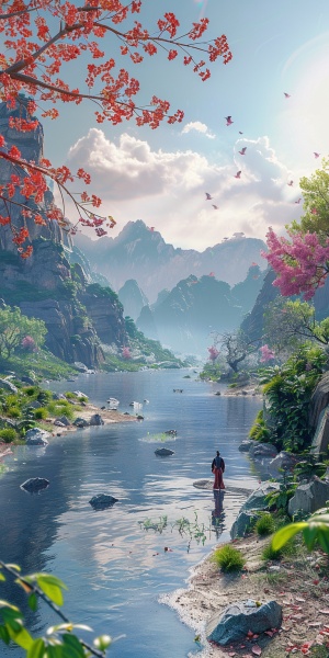 中国美女在山间小溪流水风景如画