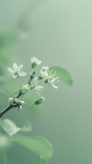 淡绿色的渐变背景，一枝微小梨花在右上角，画面清新治愈。