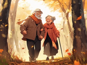 老年夫妇,一位老男人和女人在树林里树叶飘落的小径上手挽手漫步,前视图 侧视图，面带微笑,采用动画风格以及绿彩色调色板,可爱的角色设计,全身镜头,公园背景,详细的面部特征,全身肖像,