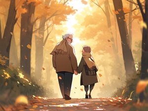 欢乐时光:老年夫妇在树林漫步