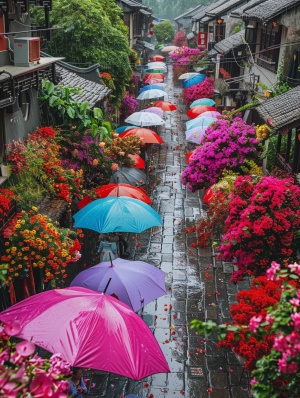 江南古镇，下起了大雨，两边的道路长满了鲜花，五颜六色，非常漂亮，安静，超清画质，超高清晰度，超高分辨率，16k ar 9:16